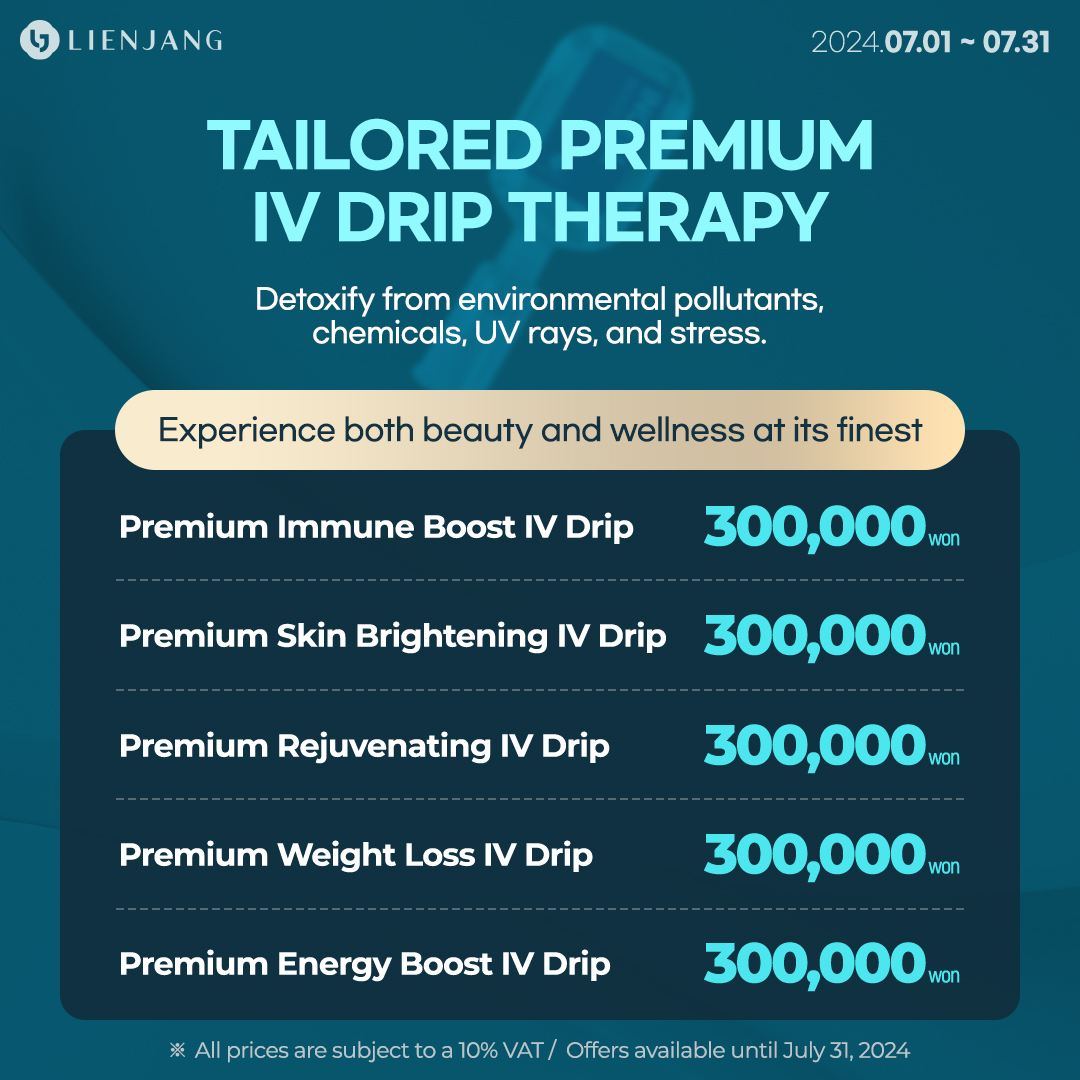 Premium IV drips at a beauty clinic in Seoul, Korea. Description: Premium IV drips offered at our beauty clinic in Seoul, Korea, providing advanced wellness solutions.